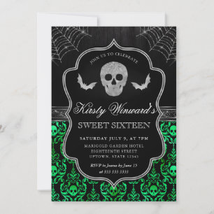 Invitation Crâne et Chauve-Souris d'Halloween Damassé Sweet 1