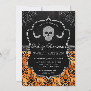 Invitation Crâne et Chauve-Souris d'Halloween Damassé Sweet 1