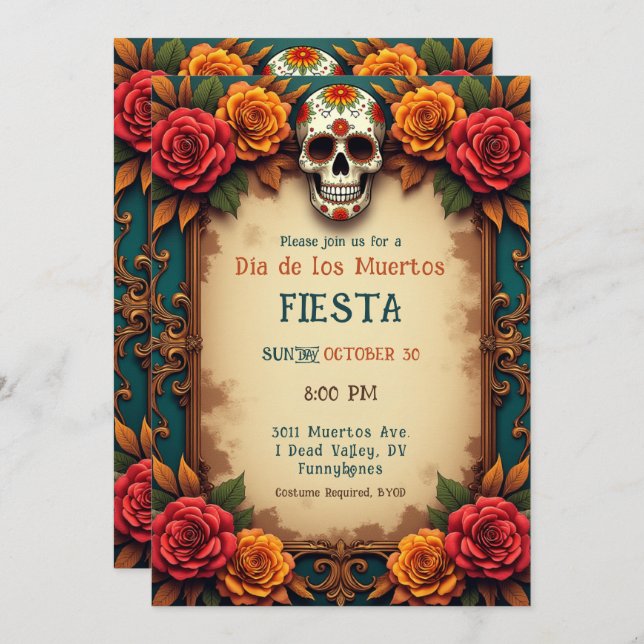 Invitation 💀 🎉 crâne et manuscrits, Día de Muertos (Devant / Derrière)