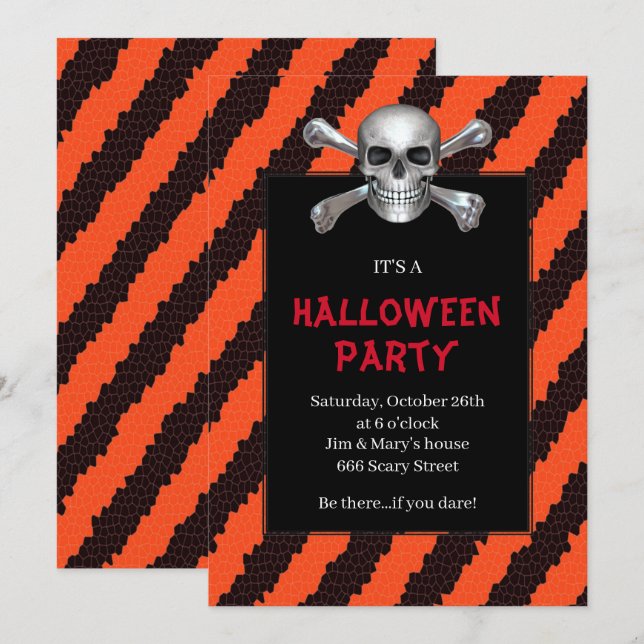 Invitation Crâne et os croisés Bande orange Fête d'Halloween (Devant / Derrière)