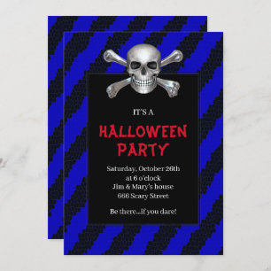 Invitation Crâne et os croisés Bleu Stripe Halloween Party