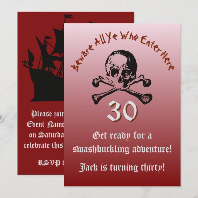 Invitation Crâne et os croisés de navire pirate pour 30e anni (Devant / Derrière)