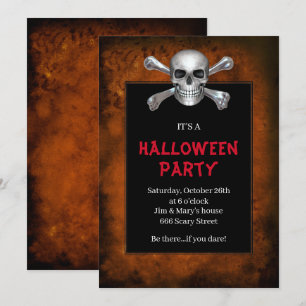 Invitation Crâne et os croisés Orange Grunge Halloween Party