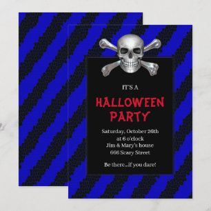 Invitation Crâne et os croisés rayure bleue fête d'Halloween