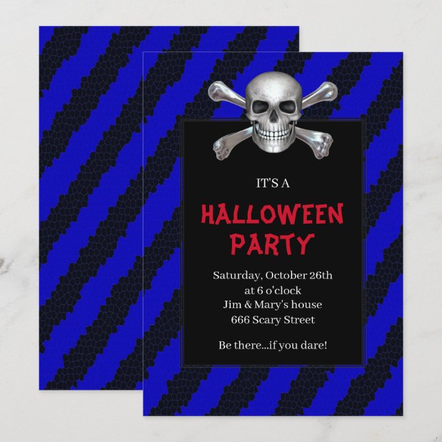 Invitation Crâne et os croisés rayure bleue fête d'Halloween (Devant / Derrière)