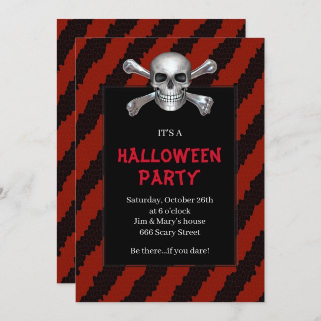 Invitation Crâne et os croisés Red Strip Halloween Party (Devant / Derrière)