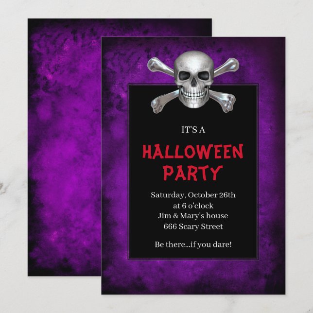 Invitation Crâne et Os Croisés Soirée Halloween Grunge Violet (Devant / Derrière)