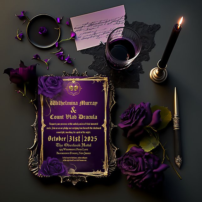 Invitation Crâne et os gothiques vintages Mariage violet (Breath-taking royal violet purple skull and bones Gothic Wedding Invitation )