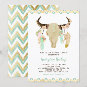 Invitation Crâne et plumes florales tribales Sweet sixteen