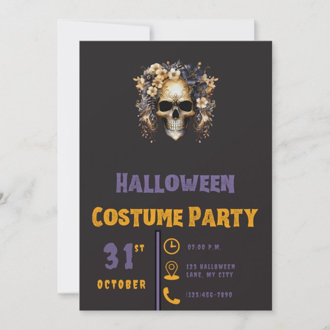 Invitation Crâne Fleurs Blanches & Bleues Halloween Noir Mode (Devant)