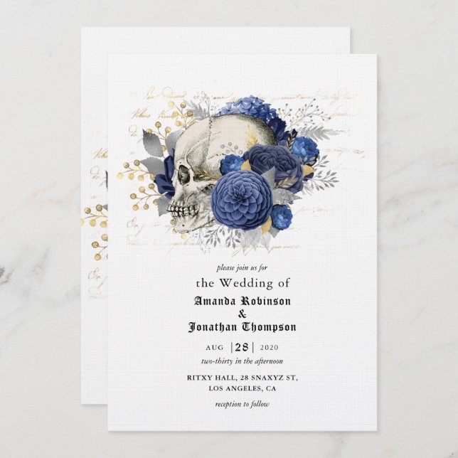 Invitation Crâne floral bleu Halloween Mariage gothique (Devant / Derrière)