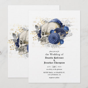 Invitation Crâne floral bleu Halloween Mariage gothique