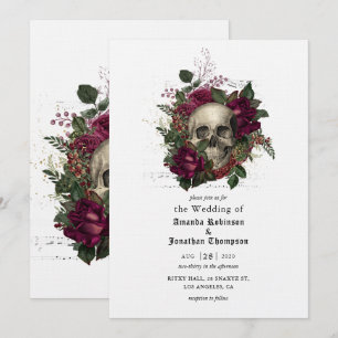Invitation Crâne floral de Bourgogne Halloween Mariage gothiq
