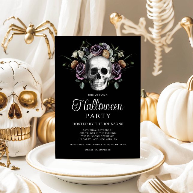Invitation Crâne Floral Gothique Élégant Halloween (Elegant Gothic Floral Skull Halloween Invitation)