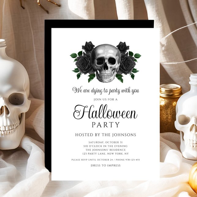 Invitation Crâne floral noir gothique Halloween (Gothic Black Floral Skull Halloween Invitation - digital download)