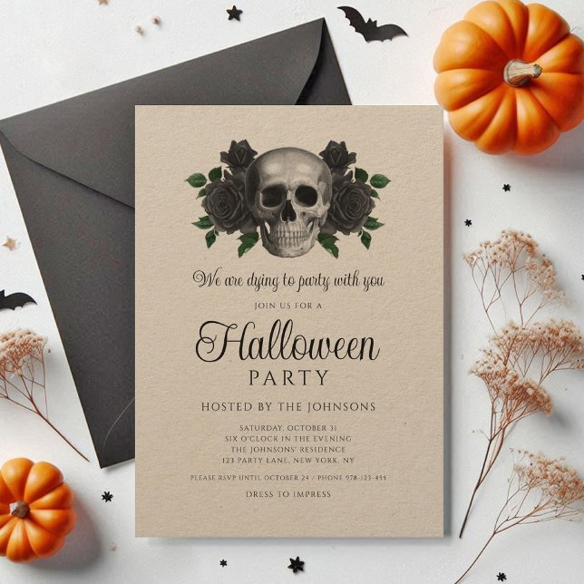 Invitation Crâne Floral Noir Vintage Halloween (Vintage Black Floral Skull Halloween Invitation)