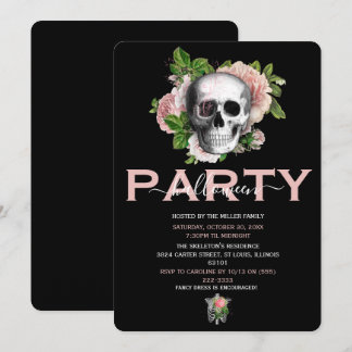 Invitation Crâne Floral Rose Élégant pour Soirée d'Halloween