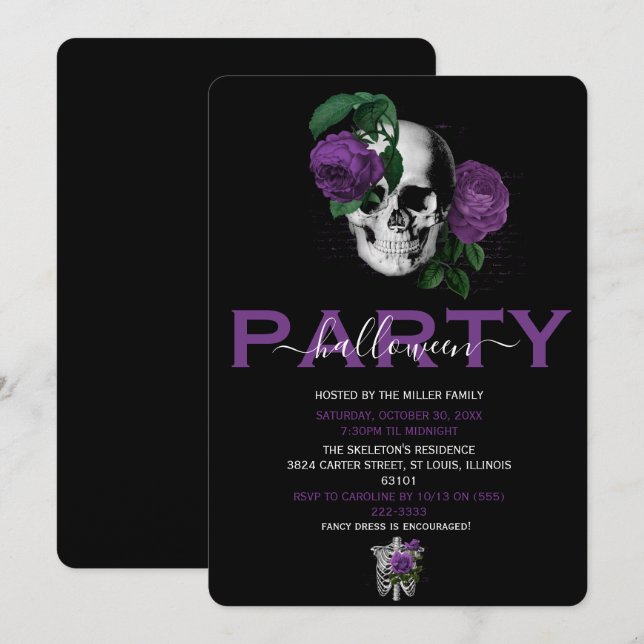 Invitation Crâne Floral Violet Élégant pour Soirée d'Hallowee (Devant / Derrière)