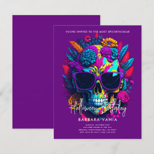 Invitation Crâne floral violet Halloween fête d'anniversaire
