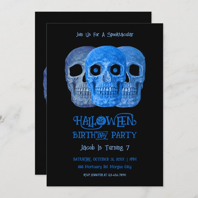 Invitation Crâne Funny Gothique Bleu Noir Halloween Anniversa (Devant / Derrière)