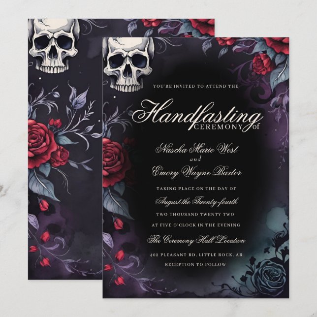 Invitation Crâne gothique et roses violet noir Handfasting (Devant / Derrière)