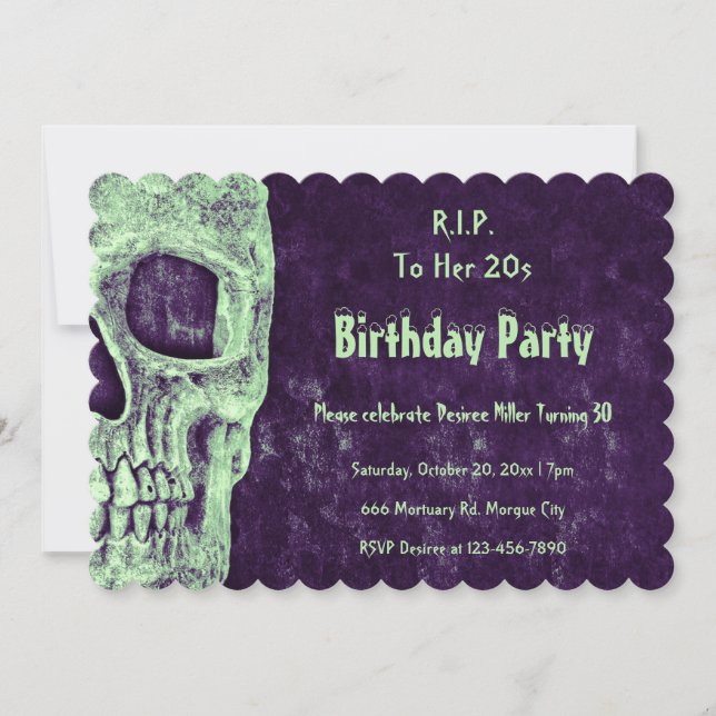 Invitation Crâne gothique vert violet anniversaire RIP à ses  (Devant)