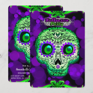 Invitation Crâne lumineux vert et violet pour soirée Hallowee