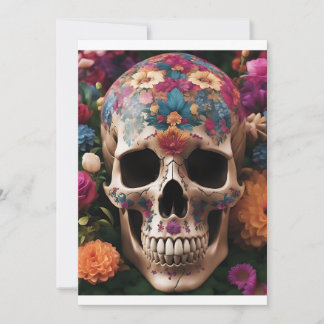 Invitation Crâne métallique avec fleurs du Jour des Morts