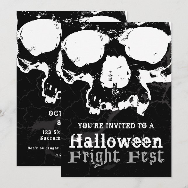 Invitation Crâne noir et blanc Fête d'Halloween effrayante gr (Devant / Derrière)