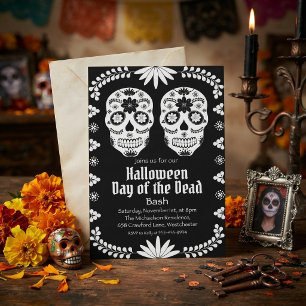 Invitation Crâne noir et blanc Halloween Jour des morts