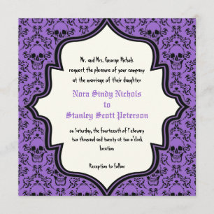 Invitation Crâne noir violet damassé mariage Halloween