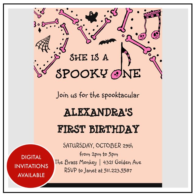 Invitation Crâne orange rose Halloween effrayant 1er annivers (Halloween-1st-birthday-Invitation-Pink-Orange-Skull-Spooky-1)