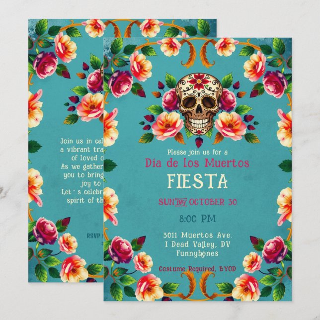 Invitation 💀 🎉 crâne plein de Roses, Día de los Muertos (Devant / Derrière)