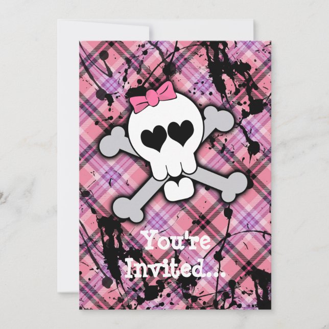 Invitation Crâne rose et os croisés avec les coeurs et les co (Devant)