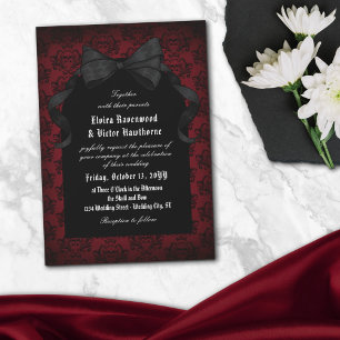 Invitation Crâne rouge Damas noir Bow Goth Mariage