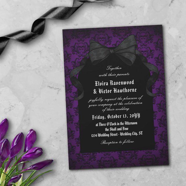 Invitation Crâne rouge Damas noir Bow Goth Mariage (Créateur téléchargé)