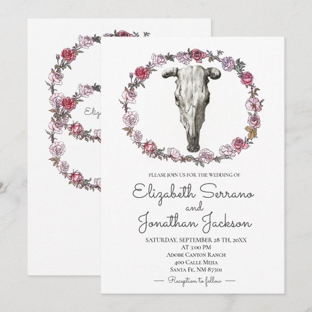 Invitation Crâne Rustique De Vache Et Mariage Floral Rose (Devant / Derrière)