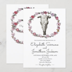 Invitation Crâne Rustique De Vache Et Mariage Floral Rose