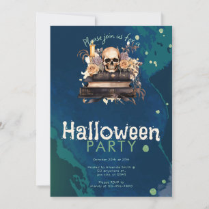 Invitation Crâne sur des livres avec une fête Halloween de ro