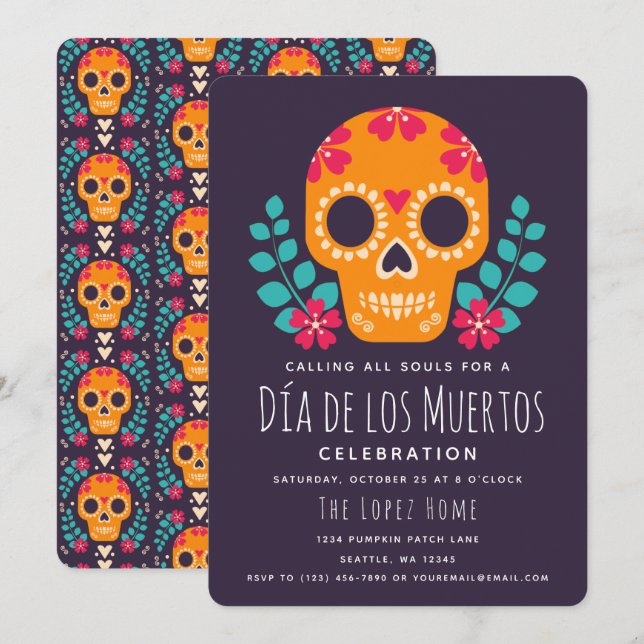 Invitation Crânes à sucre Día de los Muertos Célébration (Devant / Derrière)