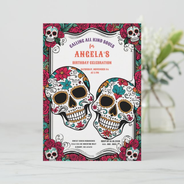 Invitation Crânes à sucre rétro Día de Los Muertos Anniversai (Debout devant)