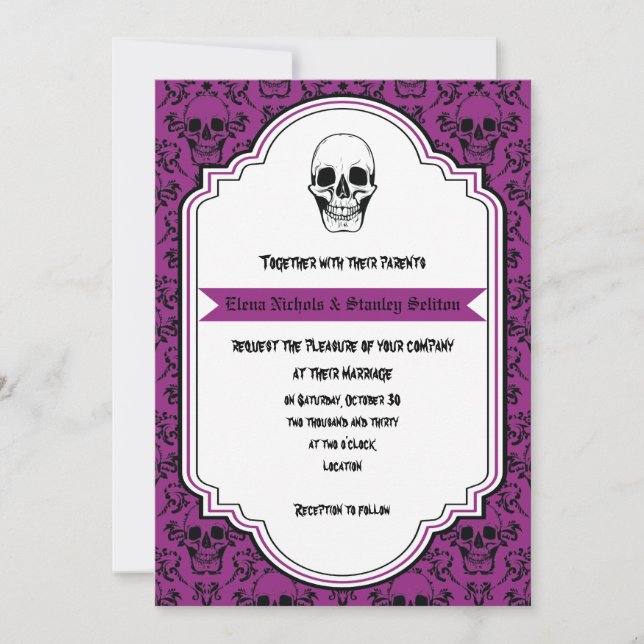 Invitation Crânes damassé violet, noir mariage Halloween (Devant)