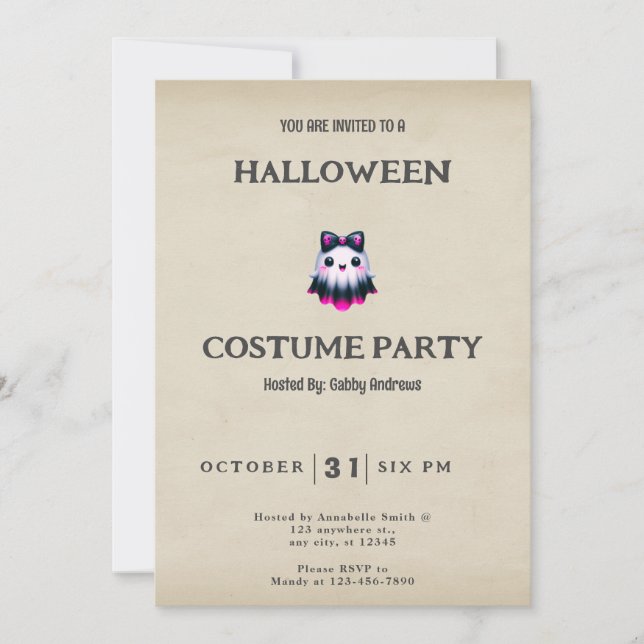 Invitation Crânes de fantôme rose noir et blanc Halloween vin (Devant)
