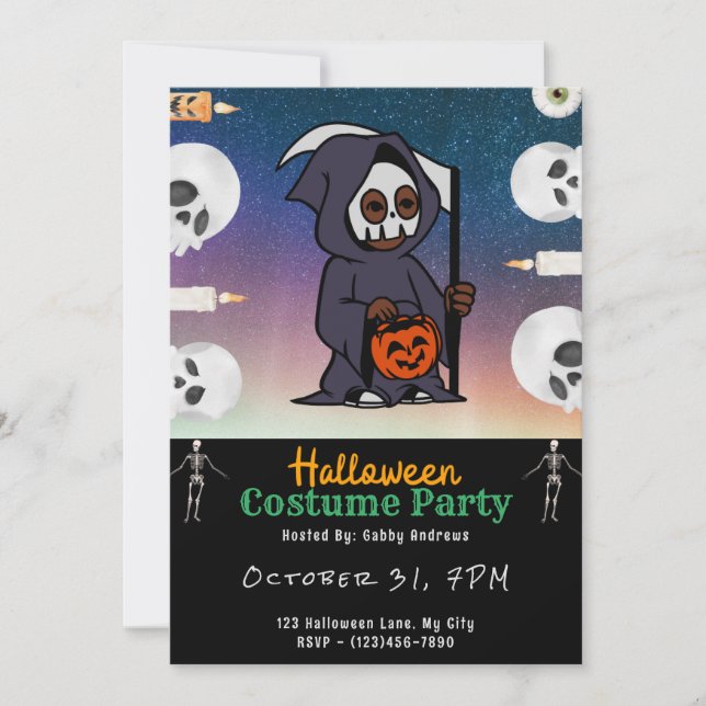 Invitation Crânes de Faucheuse et Bougies Halloween Noir (Devant)