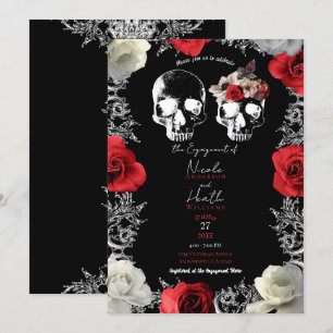 Invitation Crânes de squelette Roses rouges Fête de fiançaill