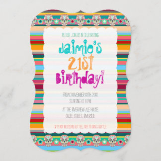 Invitation Crânes de sucre de Feliz Muertos sur les rayures