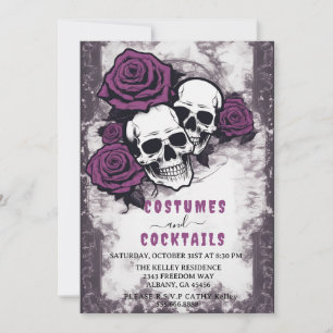 Invitation Crânes en détresse Roses violettes Fête d'Hallowee