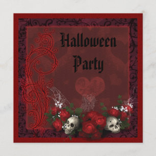 Invitation Crânes et roses gothiques noirs et Halloween rouge