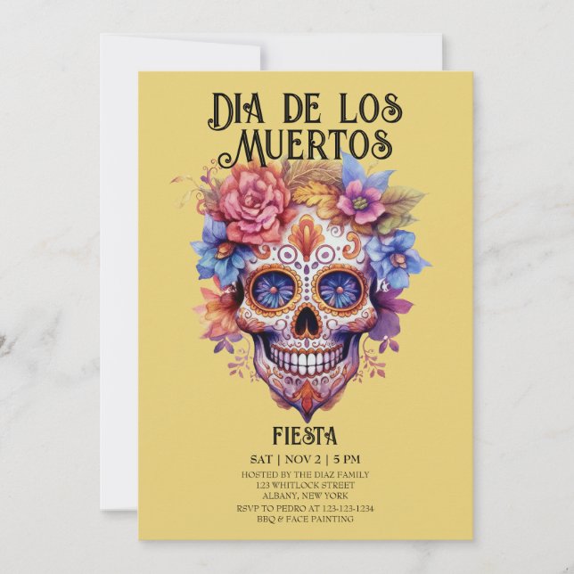 Invitation Crânes Fleurs Jaunes Dia de los Muertos (Devant)