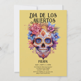 Invitation Crânes Fleurs Jaunes Dia de los Muertos